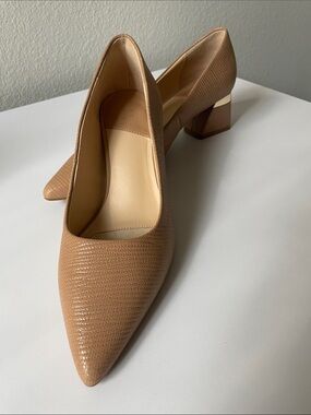 Alex Marie Tan Lizard-Embossed Pointed Block Heel Pumps
